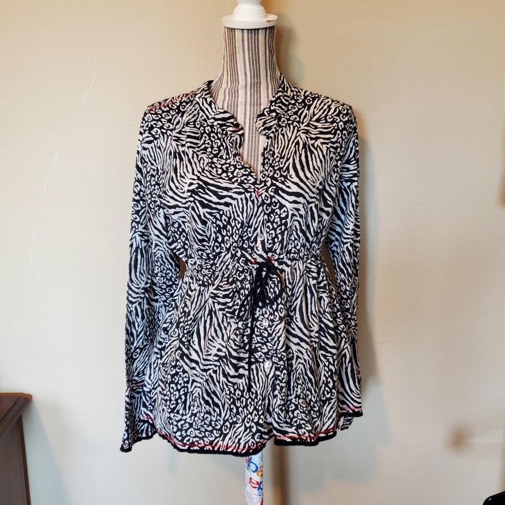 Josie Women Black White‎ Animal Print Zebra Leopard Cotton Tunic Top Large
